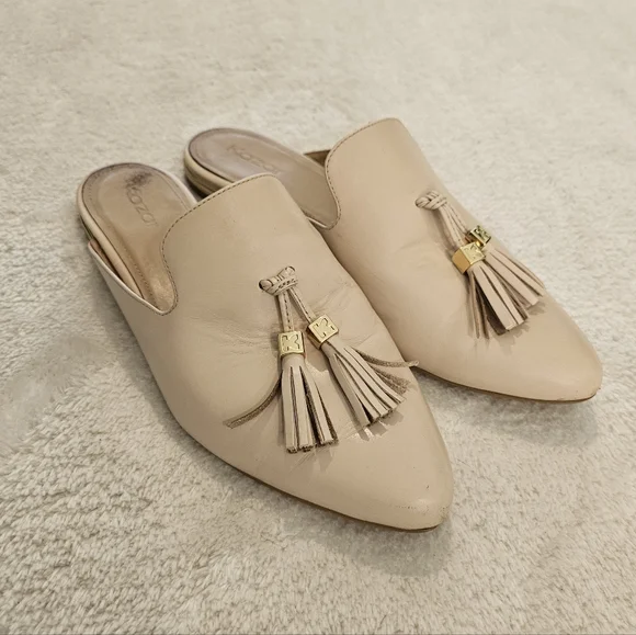 Beige Tassel Leather Mules Size 9 Tan Neutral Business Casual Minimalist Work - Picture 2 of 14